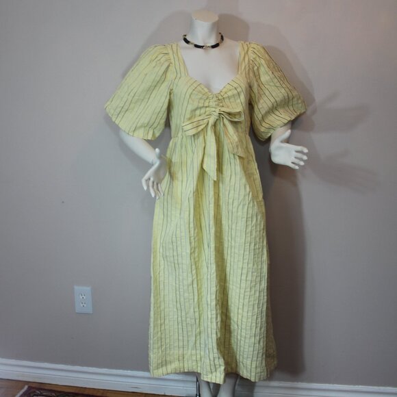 YAS puff sleeve bow front textured midi woman dress in yellow size 8 - Picture 3 of 9